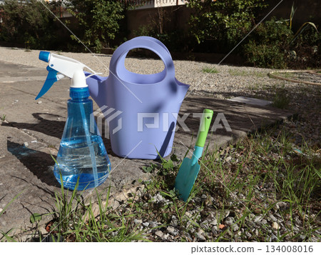 Objects and tools for gardening on sunny day. Watering can, shovel, sprayer. Plant care and seasonal chores. Objects and tools for gardening on sunny day. Watering can, shovel, sprayer. Plant care and seasonal chores. 134008016