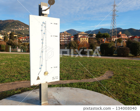 Sundial in park early in morning. Educational and models for astronomy. Sundial in park early in morning. Educational and models for astronomy. 134008040