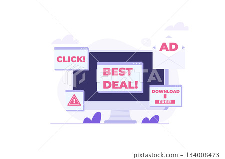 Computer adware attack, spam, internet advertising concept. Vector illustration 134008473