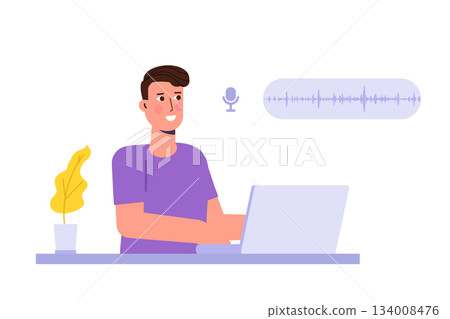 Voice search concept. Character speaking on microphone. Flat Vector illustration. 134008476