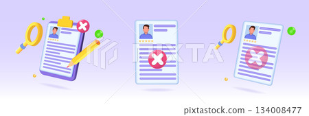 CV reject, refusal to grant a job icon . 3d realistic vector illustrations set, collection. CV reject, refusal to grant a job icon . 3d realistic vector illustrations set, collection. 134008477