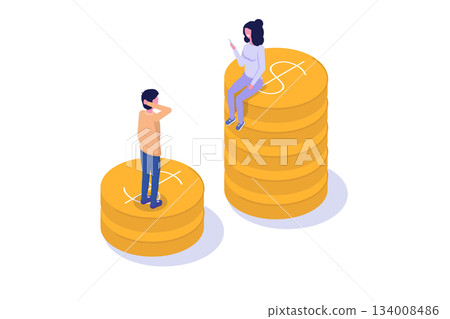 Social inequality, Salary gap concept. Standing on stacks of coins. Isometric Vector illustration for banner, website, landing page, flyer. 134008486