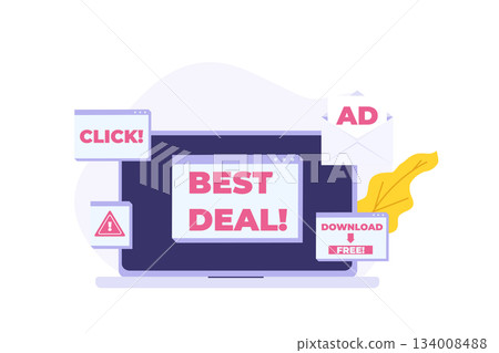Computer adware attack, spam, internet advertising concept. Vector illustration Computer adware attack, spam, internet advertising concept. Vector illustration 134008488