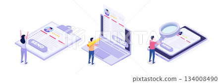 Job searching. Send online cv or upload resume, apply for jobs. Employee recruitment data paper. Isometric Vector illustrations set for banner, website, landing page, flyer. Job searching. Send online cv or upload resume, apply for jobs. Employee recruitment data paper. Isometric Vector illustrations set for banner, website, landing page, flyer. 134008490