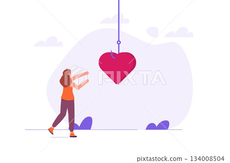 Love and romance victim, heart as bait, dangerous risky relationships concept. Vector illustration. 134008504