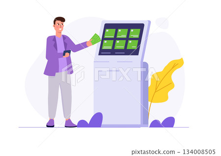 Man using self service terminal, Interactive information kiosk concept. Flat Vector illustration for banner, website, landing page, flyer. 134008505