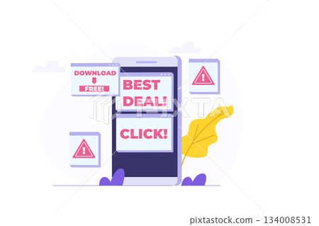 Computer adware attack, spam, internet advertising concept. Vector illustration Computer adware attack, spam, internet advertising concept. Vector illustration 134008531