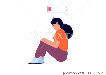 A young woman suffering from mental health issues is sitting on the floor. She is surrounded by symptoms of depression: anxiety, crisis, tears, exhaustion, loss, overwork, and fatigue. 134008534
