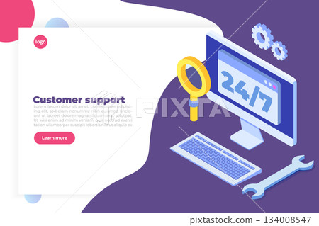Support or call center 24/7 concept.   Web page or banner design templates.  24 hours open customer service. Vector illustration Isometric. 134008547