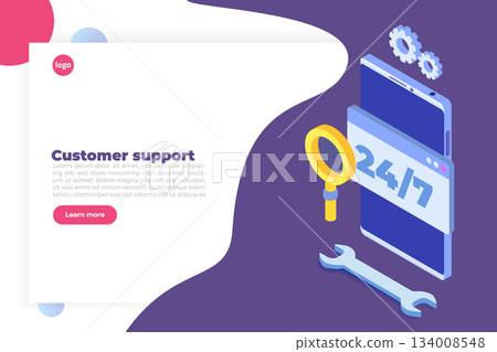 Support or call center 24/7 concept. Web page or banner design templates. 24 hours open customer service. Vector illustration Isometric. Support or call center 24/7 concept. Web page or banner design templates. 24 hours open customer service. Vector illustration Isometric. 134008548