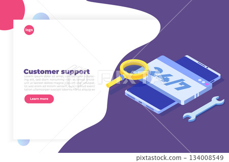 Support or call center 24/7 concept. Web page or banner design templates. 24 hours open customer service. Vector illustration Isometric. Support or call center 24/7 concept. Web page or banner design templates. 24 hours open customer service. Vector illustration Isometric. 134008549