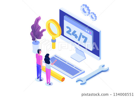 Support or call center 24/7 concept.   Web page or banner design templates.  24 hours open customer service. Vector illustration Isometric. 134008551