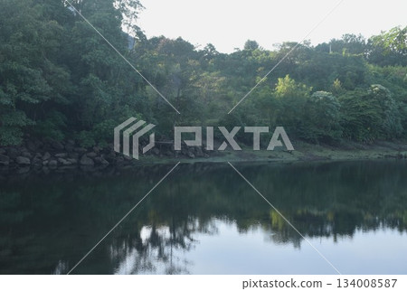 landscape of tree on river with mountain background in sunset landscape of tree on river with mountain background in sunset 134008587