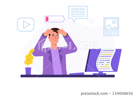 Burnout concept, featuring an exhausted office worker sitting at a desk. Frustrated employee dealing with mental health issues. Vector illustration in flat style. 134008650