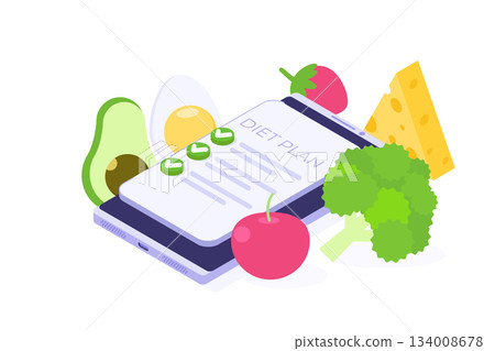 Diet plan schedule checklist concept. Isometric Vector illustration 134008678