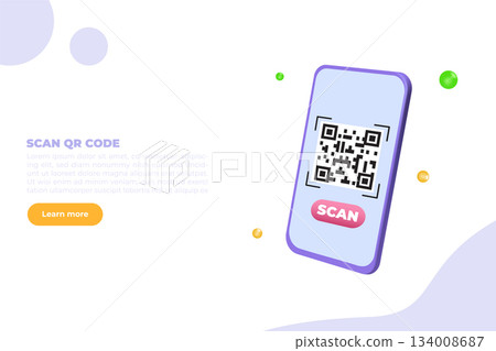 Use smartphone for QR code scanning.  3d Vector illustration for banner, website, landing page, flyer. 134008687