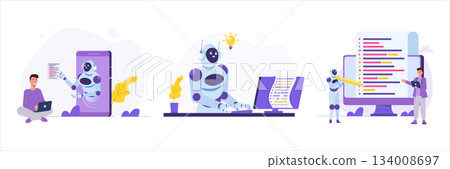 Coding bot, chat bot developed concept. Vector illustrations for banner, website, landing page, flyer. 134008697