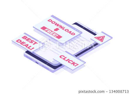 Computer adware attack, spam, internet advertising concept. Isometric Vector illustration Computer adware attack, spam, internet advertising concept. Isometric Vector illustration 134008713