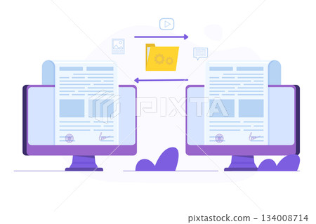 Document collaboration, team work, exchanging files online concept. Vector illustrations for banner, website, landing page, flyer. Document collaboration, team work, exchanging files online concept. Vector illustrations for banner, website, landing page, flyer. 134008714