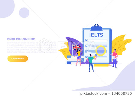 English Proficiency Test and Exam. IELTS International English Language Testing System. Vector illustration. English Proficiency Test and Exam. IELTS International English Language Testing System. Vector illustration. 134008730