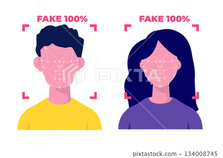 Deepfake, Deep face technology concept. Flat Vector illustration for banner, website, landing page, flyer. Deepfake, Deep face technology concept. Flat Vector illustration for banner, website, landing page, flyer. 134008745