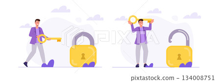 Unlock idea, solve business problem concepts set. Vector illustrations for banner, website, landing page, flyer. Unlock idea, solve business problem concepts set. Vector illustrations for banner, website, landing page, flyer. 134008751