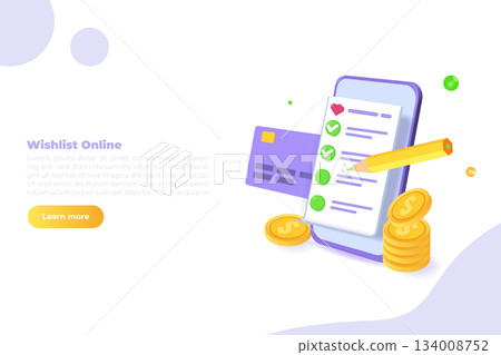 Online shopping wishlist, add to personalized collection 3d vector concept. Vector illustration. Online shopping wishlist, add to personalized collection 3d vector concept. Vector illustration. 134008752