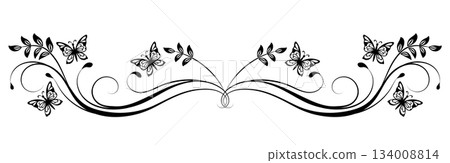 Wave ornament with leaves and butterflies. Text divider. Decorative element for decor and text greeting or invitation card design. 134008814