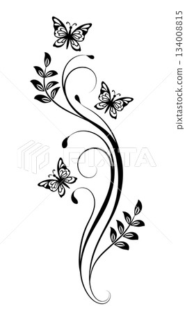 Wave ornament with leaves and butterflies. Text divider. Decorative element for decor and text greeting or invitation card design. 134008815