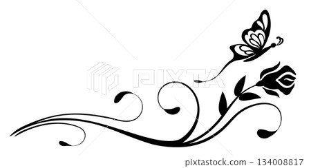 Wave ornament with rose flower, leaves and butterfly. Text divider. Decorative element for decor and text greeting or invitation card design. Wave ornament with rose flower, leaves and butterfly. Text divider. Decorative element for decor and text greeting or invitation card design. 134008817