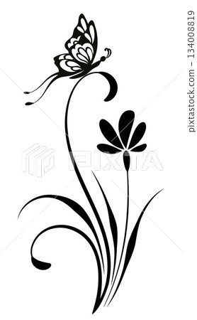 Wave ornament with flower, leaves and butterfly. Text divider. Decorative element for decor and text greeting or invitation card design. Wave ornament with flower, leaves and butterfly. Text divider. Decorative element for decor and text greeting or invitation card design. 134008819
