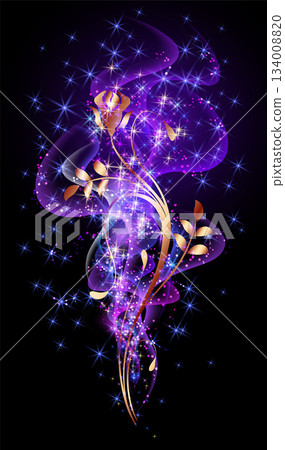 Fantastic golden rose ornament with magical sparkle glowing stars on neon night dark sky background 134008820