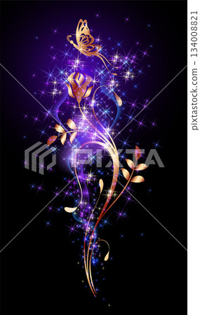 Fantastic golden rose ornament with butterfly and magical sparkle glowing stars on neon night dark sky background 134008821