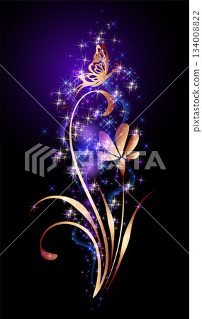 Fantastic golden flower ornament with butterfly and magical sparkle  glowing stars on neon night dark sky background 134008822