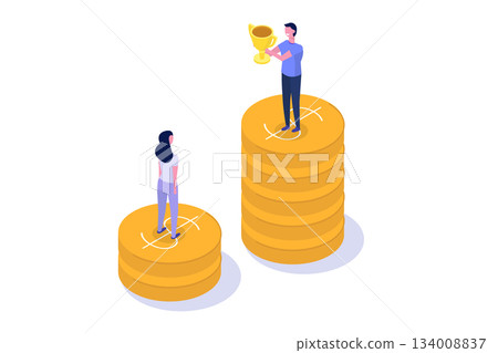 Social inequality, Salary gap concept. Standing on stacks of coins. Isometric Vector illustration for banner, website, landing page, flyer. 134008837