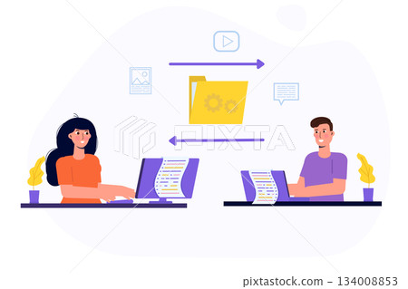 Document collaboration, team work, exchanging files online concept. Vector illustrations for banner, website, landing page, flyer. Document collaboration, team work, exchanging files online concept. Vector illustrations for banner, website, landing page, flyer. 134008853