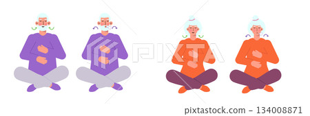 Senior man and Senior woman doing breathing exercises. Vector illustrations for banner, website, landing page, flyer. Senior man and Senior woman doing breathing exercises. Vector illustrations for banner, website, landing page, flyer. 134008871