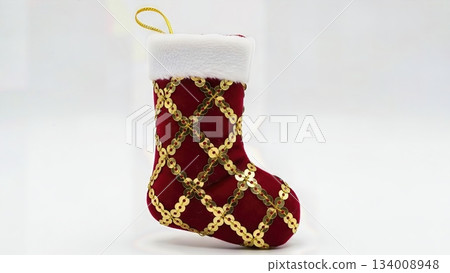 Sophisticated Gold Sequin Embellished Christmas Stocking Decoration Luxury Fabric Isolated Professional Product Photography Sophisticated Gold Sequin Embellished Christmas Stocking Decoration Luxury Fabric Isolated Professional Product Photography 134008948