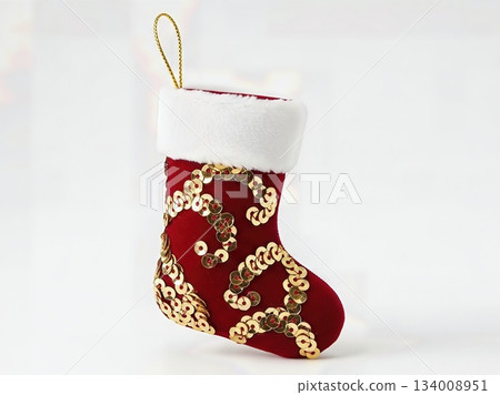 Sophisticated Gold Sequin Embellished Christmas Stocking Decoration Luxury Fabric Isolated Professional Product Photography Sophisticated Gold Sequin Embellished Christmas Stocking Decoration Luxury Fabric Isolated Professional Product Photography 134008951