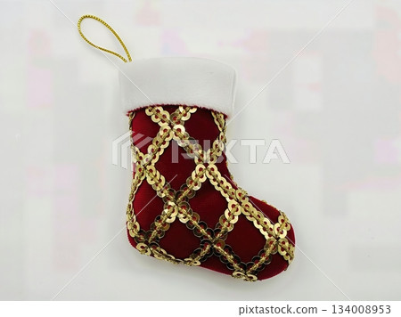 Sophisticated Gold Sequin Embellished Christmas Stocking Decoration Luxury Fabric Isolated Professional Product Photography Sophisticated Gold Sequin Embellished Christmas Stocking Decoration Luxury Fabric Isolated Professional Product Photography 134008953