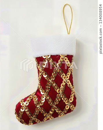 Sophisticated Gold Sequin Embellished Christmas Stocking Decoration Luxury Fabric Isolated Professional Product Photography Sophisticated Gold Sequin Embellished Christmas Stocking Decoration Luxury Fabric Isolated Professional Product Photography 134008954