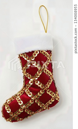 Sophisticated Gold Sequin Embellished Christmas Stocking Decoration Luxury Fabric Isolated Professional Product Photography Sophisticated Gold Sequin Embellished Christmas Stocking Decoration Luxury Fabric Isolated Professional Product Photography 134008955