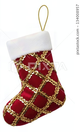 Sophisticated Gold Sequin Embellished Christmas Stocking Decoration Luxury Fabric Isolated Professional Product Photography Sophisticated Gold Sequin Embellished Christmas Stocking Decoration Luxury Fabric Isolated Professional Product Photography 134008957