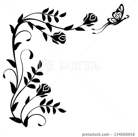Corner ornament with rose flower, leaves and butterfly. Decorative element for decor and text greeting or invitation card design. Corner ornament with rose flower, leaves and butterfly. Decorative element for decor and text greeting or invitation card design. 134008958
