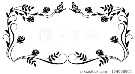 Floral frame ornament with rose flowers, leaves and butterfly. Decorative element for decor and text greeting or invitation card design. 134008965