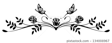 Wave ornament with roses flowers, leaves and butterflies. Text divider. Decorative element for decor and text greeting or invitation card design. 134008967