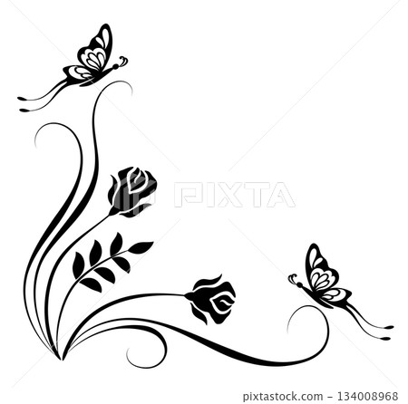 Corner ornament with roses flowers, leaves and butterflies. Decorative element for decor and text greeting or invitation card design. 134008968
