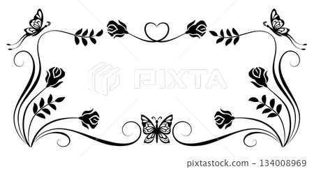 Floral frame ornament with rose flowers, leaves and butterfly. Decorative element for decor and text greeting or invitation card design. Floral frame ornament with rose flowers, leaves and butterfly. Decorative element for decor and text greeting or invitation card design. 134008969