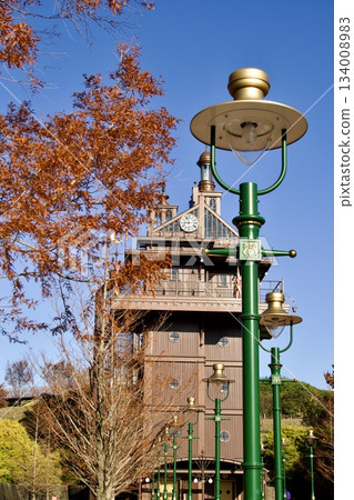 Ghibli Park in autumn: The elevator tower surrounded by autumn leaves (morning light) Ghibli Park in autumn: The elevator tower surrounded by autumn leaves (morning light) 134008983