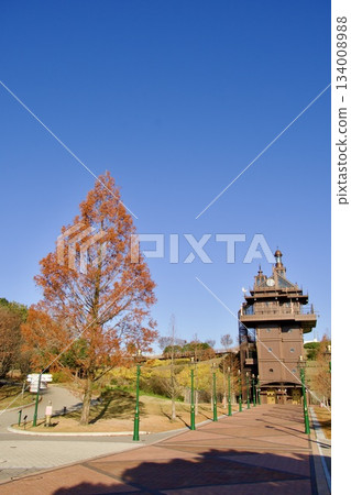 Ghibli Park in autumn: The elevator tower surrounded by autumn leaves (morning light) Ghibli Park in autumn: The elevator tower surrounded by autumn leaves (morning light) 134008988